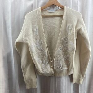 AXIOM Cream Beaded Pearl Embellished Wool‎ Blend Cardigan Sweater Women's M Vtg